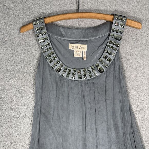 Laura Vann Women’s Size S Silk Gray Mini Dress Micro Pleat Layered Chiffon Jewel - Picture 2 of 16
